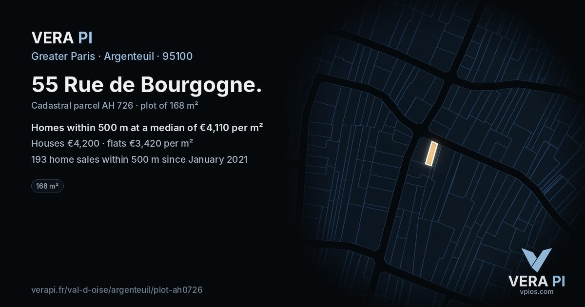55 Rue de Bourgogne, Argenteuil at night – the plot lit, the parcels around coloured by the prices near them