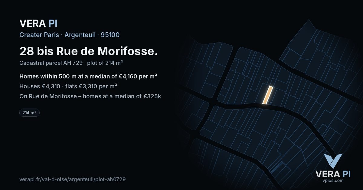 28 bis Rue de Morifosse, Argenteuil at night – the plot lit, the parcels around coloured by the prices near them
