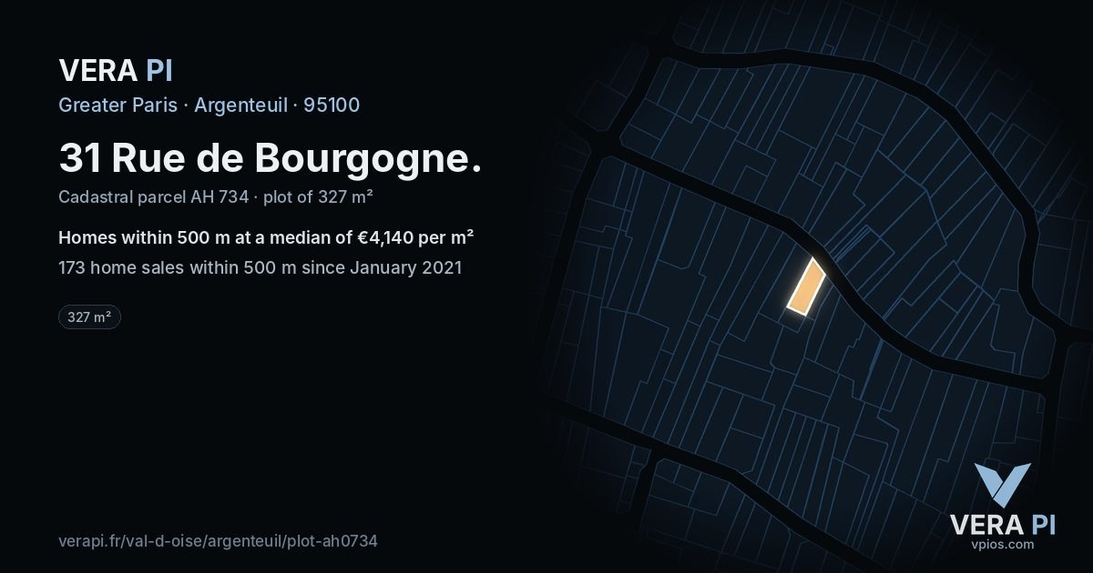 31 Rue de Bourgogne, Argenteuil at night – the plot lit, the parcels around coloured by the prices near them
