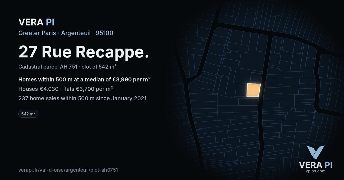 27 Rue Recappe, Argenteuil at night – the plot lit, the parcels around coloured by the prices near them