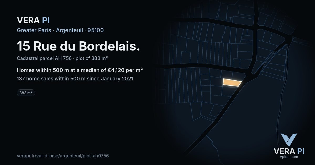 15 Rue du Bordelais, Argenteuil at night – the plot lit, the parcels around coloured by the prices near them