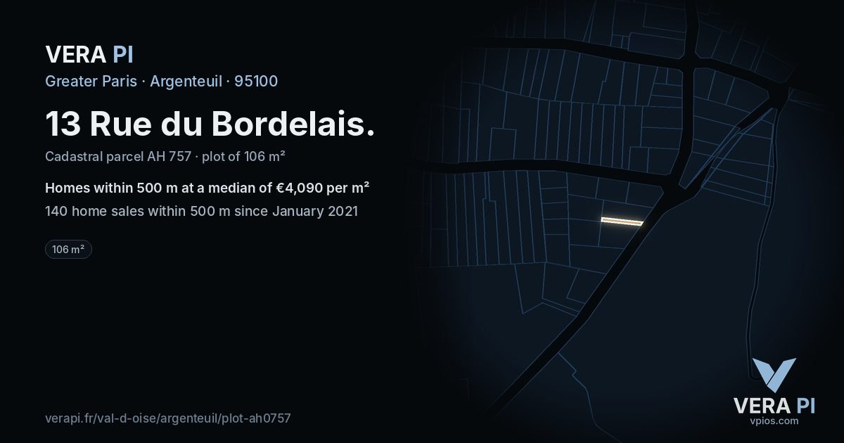 13 Rue du Bordelais, Argenteuil at night – the plot lit, the parcels around coloured by the prices near them
