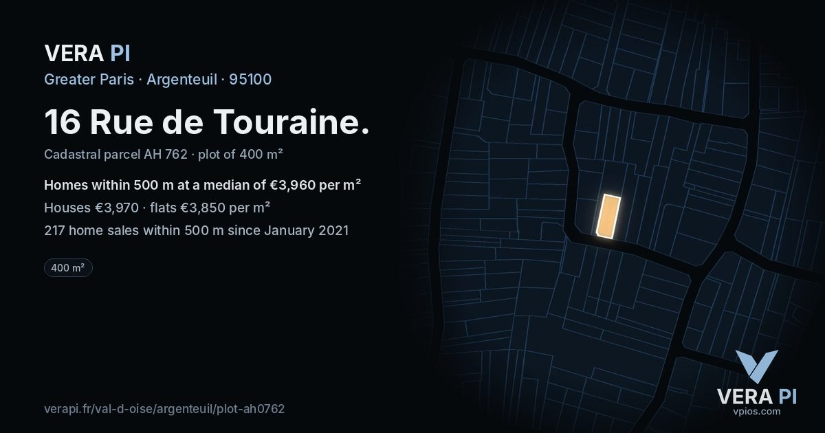 16 Rue de Touraine, Argenteuil at night – the plot lit, the parcels around coloured by the prices near them