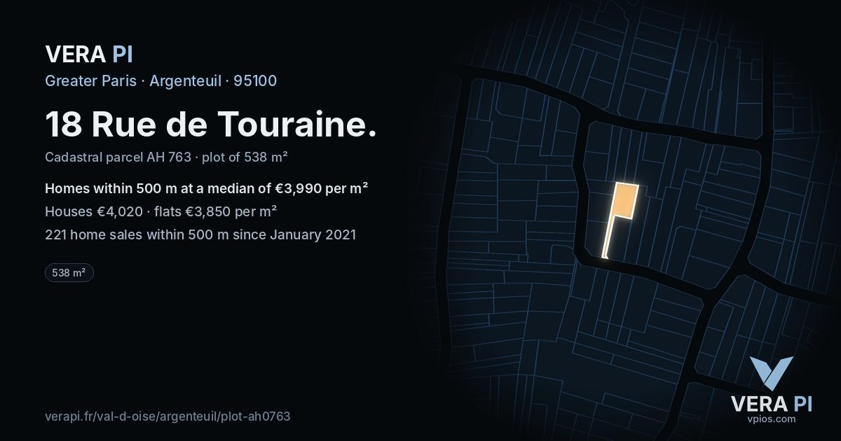 18 Rue de Touraine, Argenteuil at night – the plot lit, the parcels around coloured by the prices near them