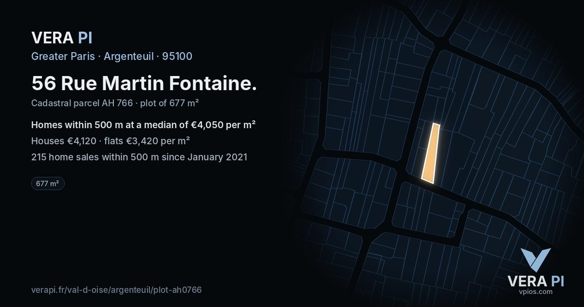 56 Rue Martin Fontaine, Argenteuil at night – the plot lit, the parcels around coloured by the prices near them