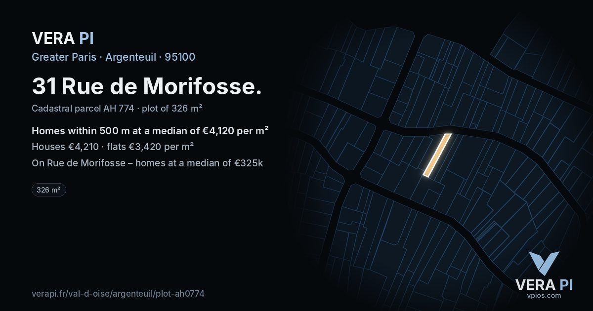 31 Rue de Morifosse, Argenteuil at night – the plot lit, the parcels around coloured by the prices near them
