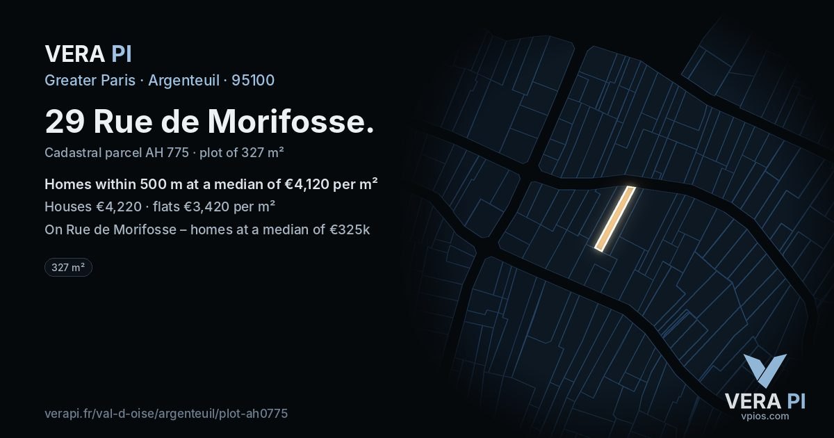 29 Rue de Morifosse, Argenteuil at night – the plot lit, the parcels around coloured by the prices near them
