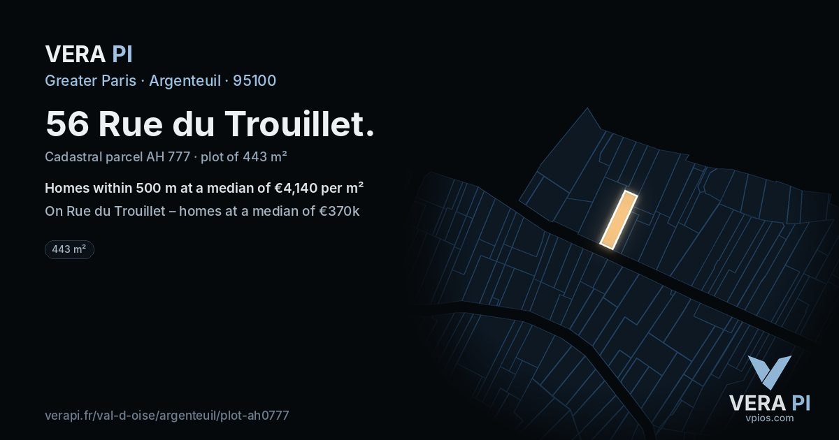 56 Rue du Trouillet, Argenteuil at night – the plot lit, the parcels around coloured by the prices near them