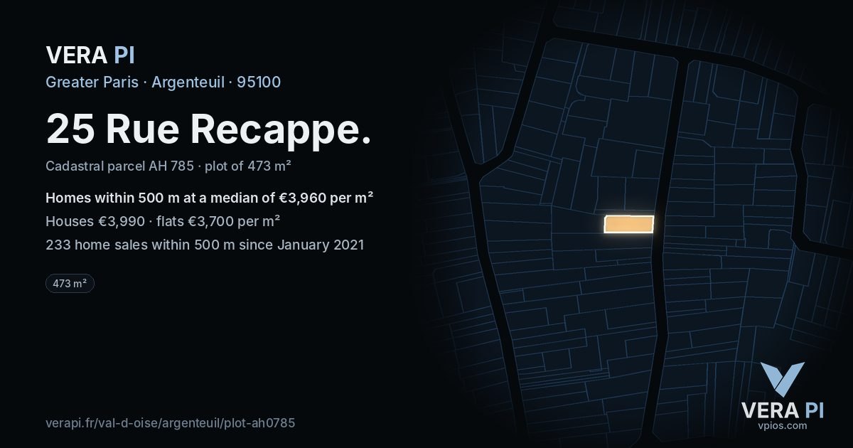 25 Rue Recappe, Argenteuil at night – the plot lit, the parcels around coloured by the prices near them