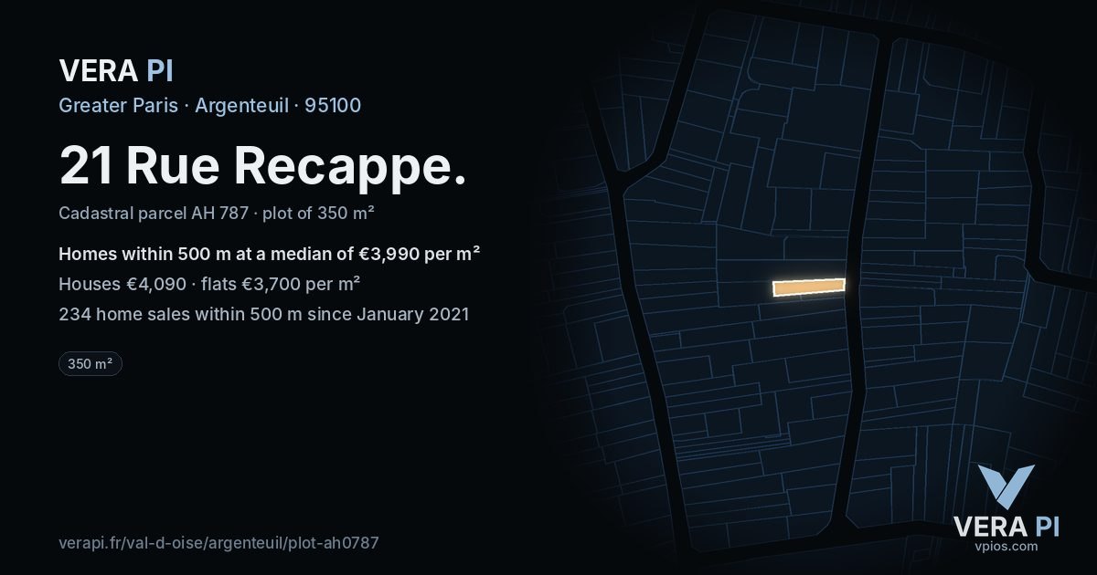 21 Rue Recappe, Argenteuil at night – the plot lit, the parcels around coloured by the prices near them
