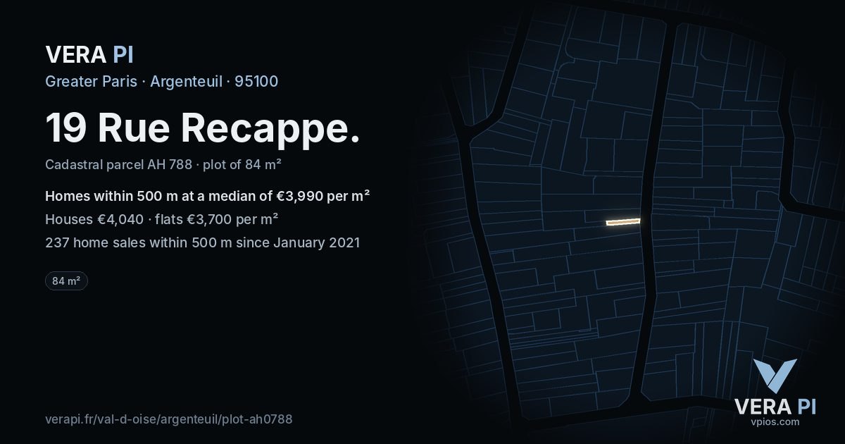 19 Rue Recappe, Argenteuil at night – the plot lit, the parcels around coloured by the prices near them