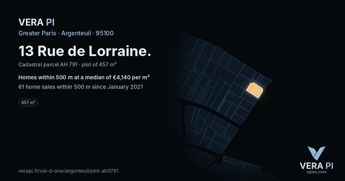 13 Rue de Lorraine, Argenteuil at night – the plot lit, the parcels around coloured by the prices near them