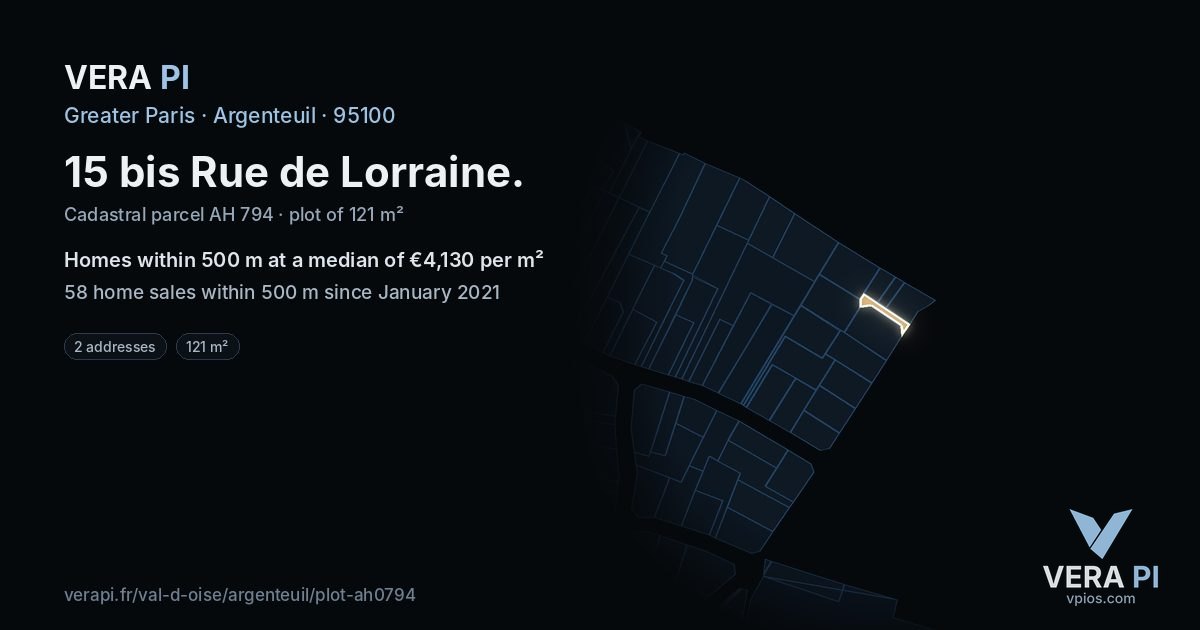 15 bis Rue de Lorraine, Argenteuil at night – the plot lit, the parcels around coloured by the prices near them