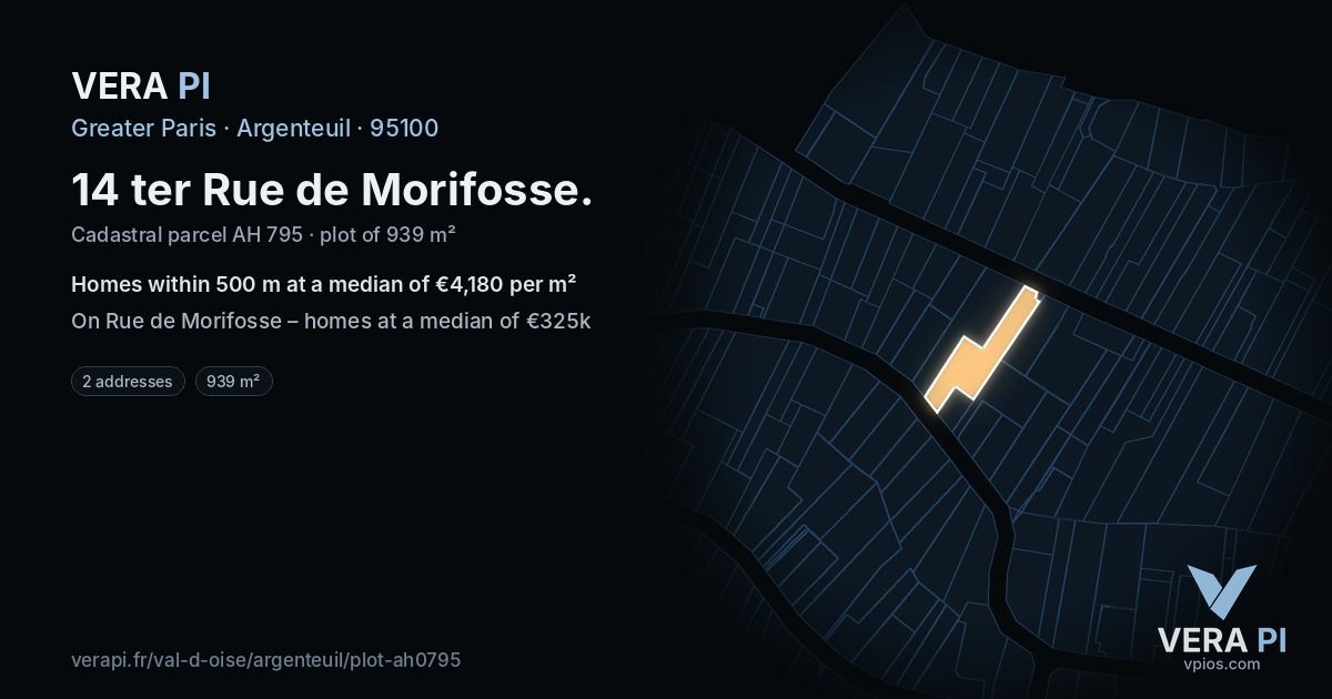 14 ter Rue de Morifosse, Argenteuil at night – the plot lit, the parcels around coloured by the prices near them