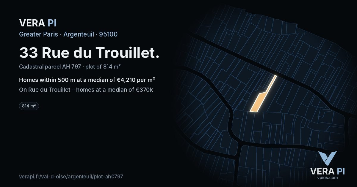 33 Rue du Trouillet, Argenteuil at night – the plot lit, the parcels around coloured by the prices near them