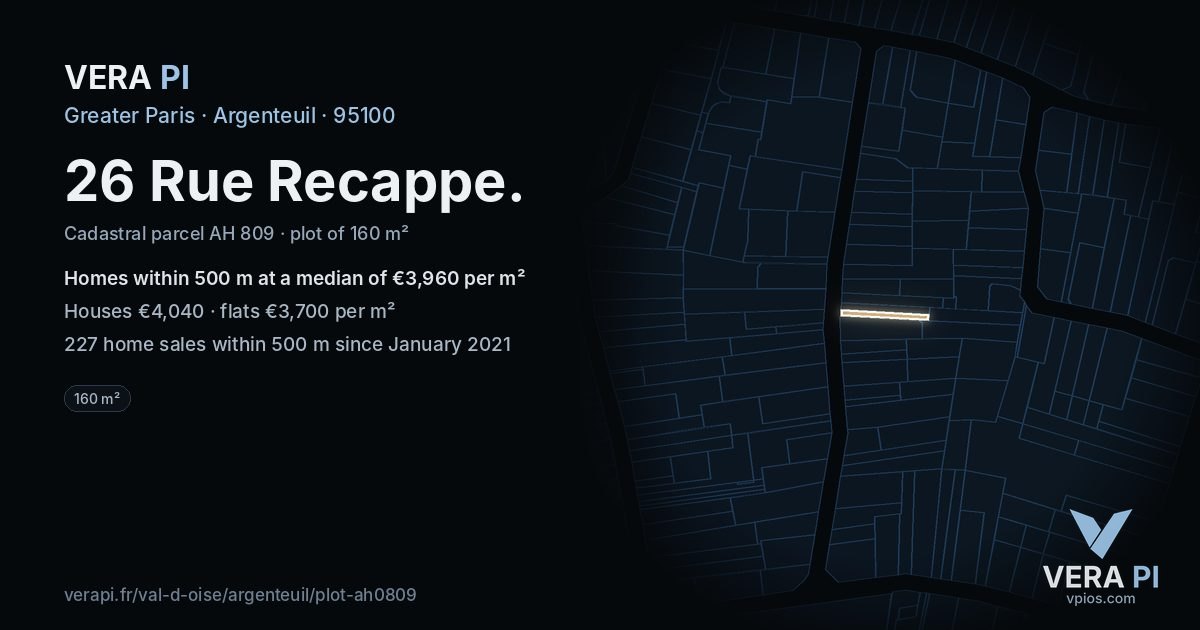 26 Rue Recappe, Argenteuil at night – the plot lit, the parcels around coloured by the prices near them