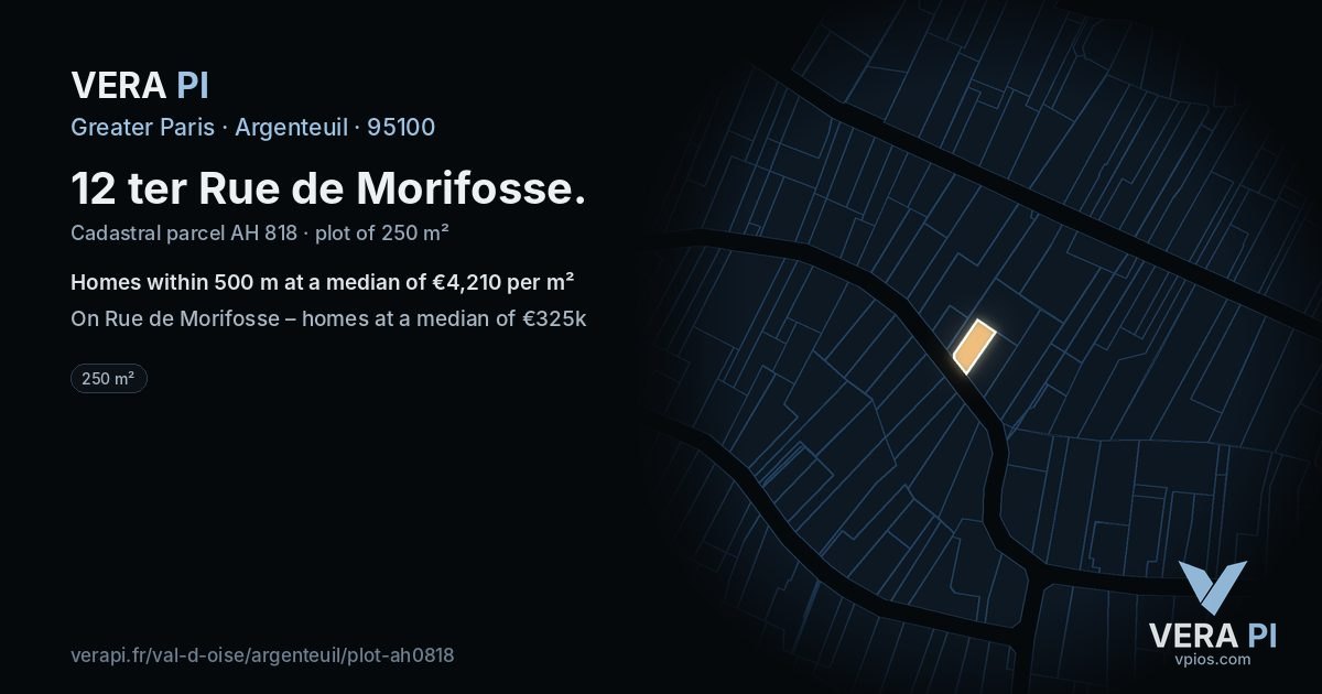 12 ter Rue de Morifosse, Argenteuil at night – the plot lit, the parcels around coloured by the prices near them