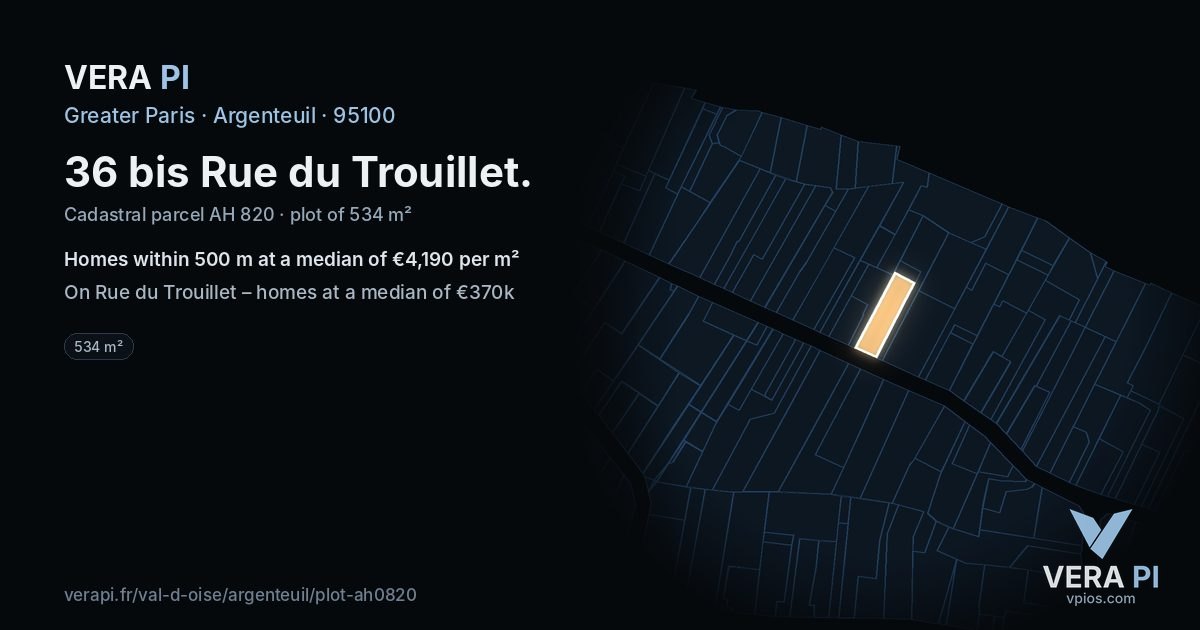 36 bis Rue du Trouillet, Argenteuil at night – the plot lit, the parcels around coloured by the prices near them