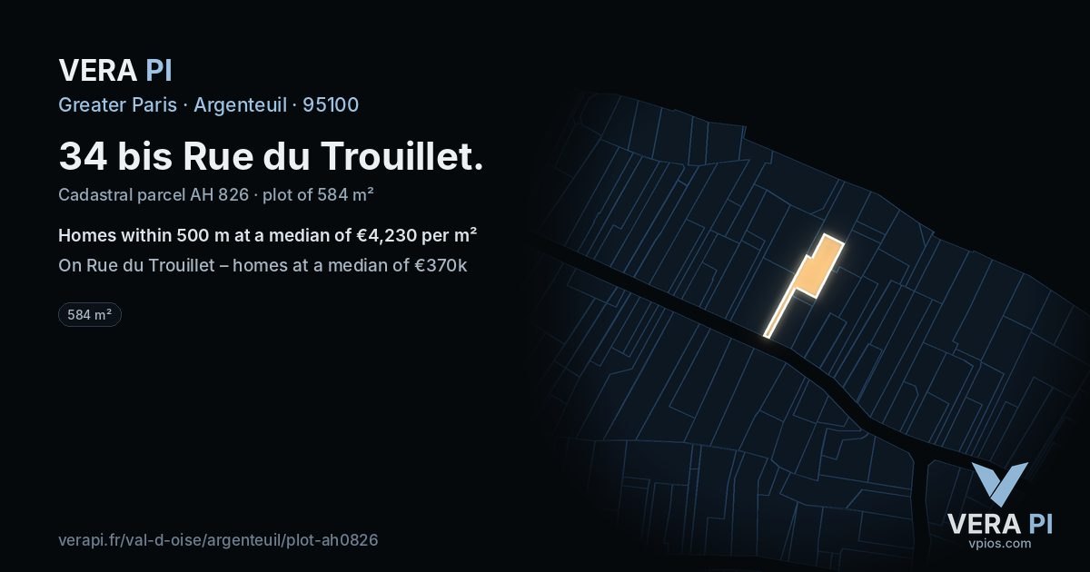 34 bis Rue du Trouillet, Argenteuil at night – the plot lit, the parcels around coloured by the prices near them