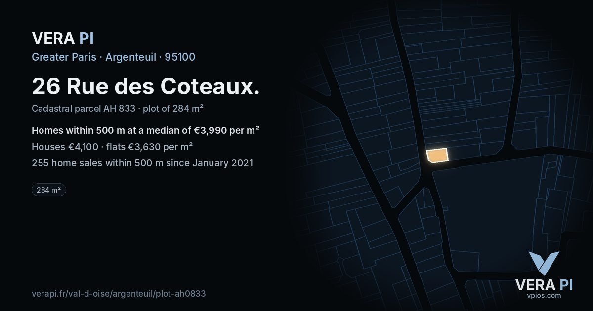 26 Rue des Coteaux, Argenteuil at night – the plot lit, the parcels around coloured by the prices near them