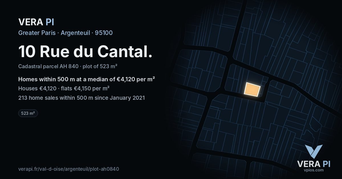 10 Rue du Cantal, Argenteuil at night – the plot lit, the parcels around coloured by the prices near them