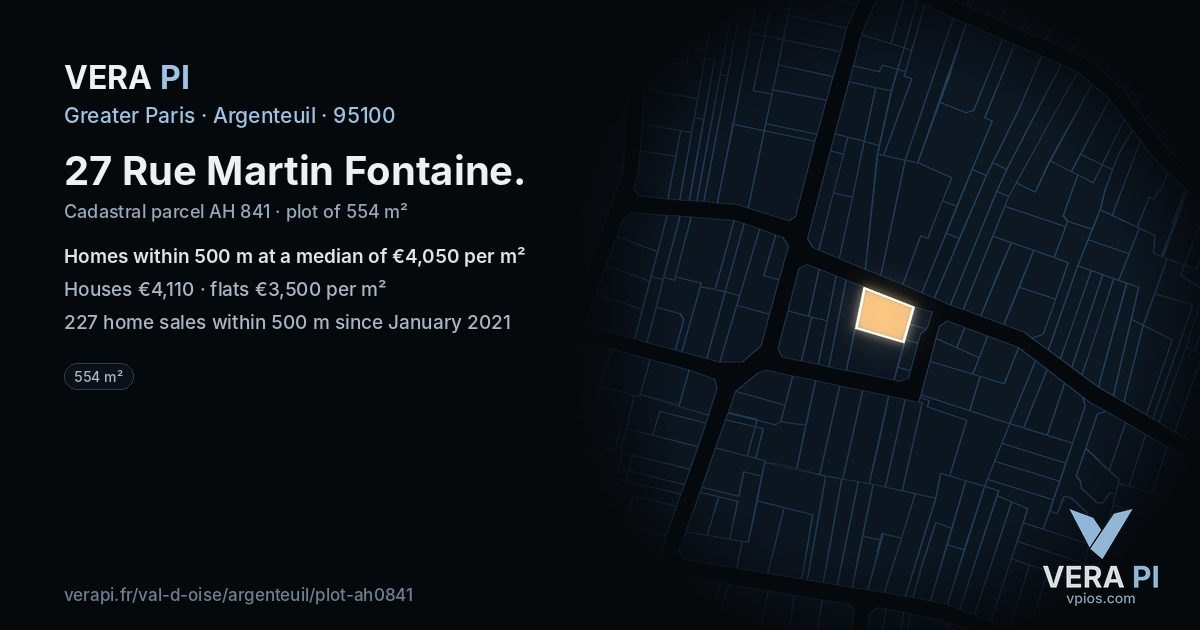 27 Rue Martin Fontaine, Argenteuil at night – the plot lit, the parcels around coloured by the prices near them