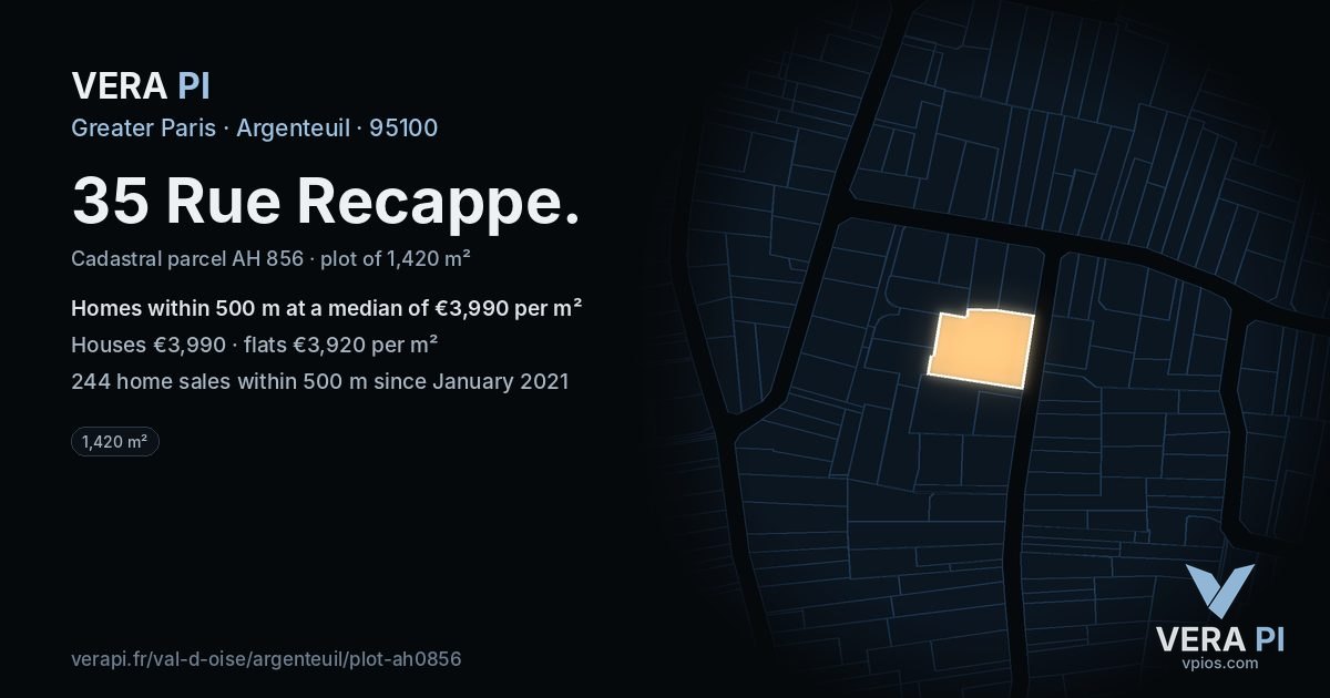 35 Rue Recappe, Argenteuil at night – the plot lit, the parcels around coloured by the prices near them