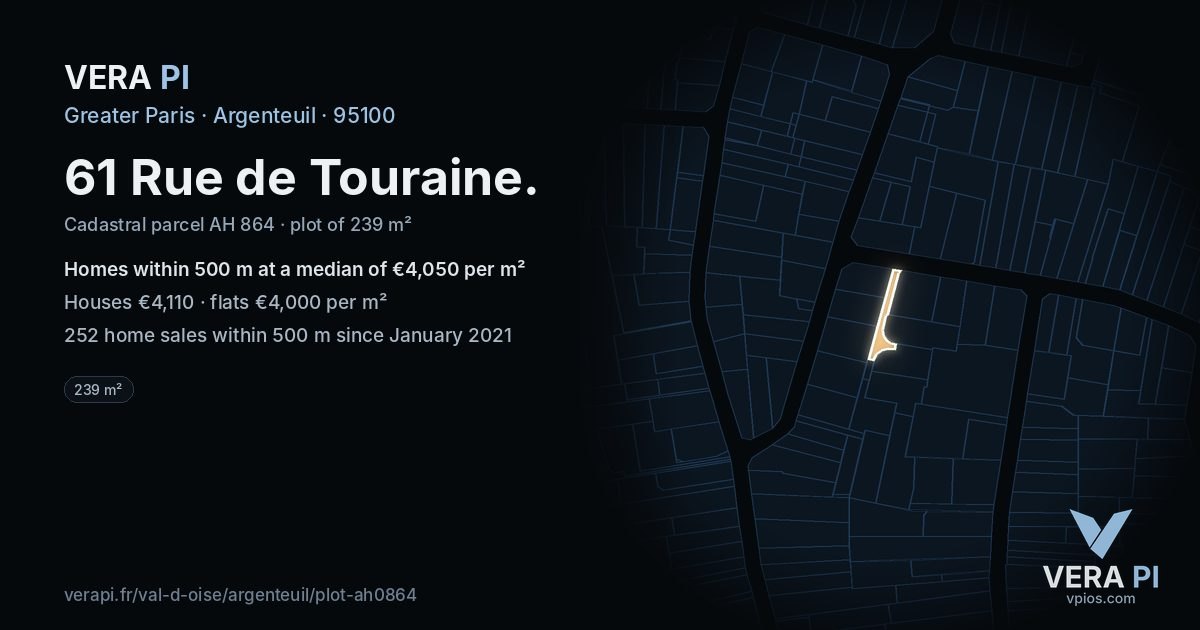 61 Rue de Touraine, Argenteuil at night – the plot lit, the parcels around coloured by the prices near them