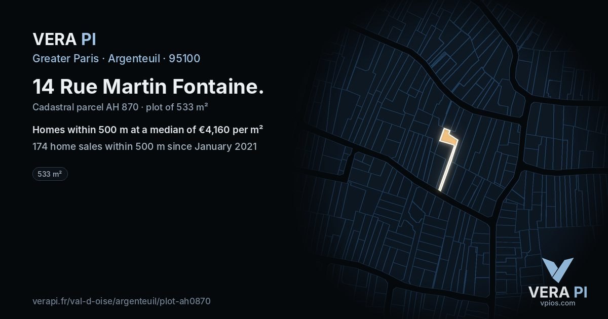 14 Rue Martin Fontaine, Argenteuil at night – the plot lit, the parcels around coloured by the prices near them
