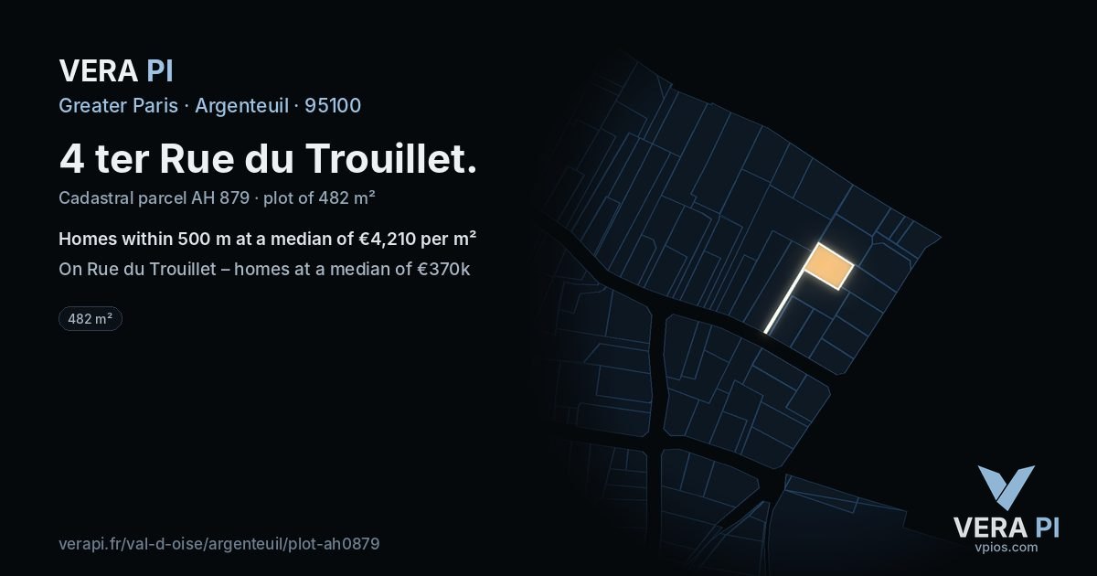 4 ter Rue du Trouillet, Argenteuil at night – the plot lit, the parcels around coloured by the prices near them