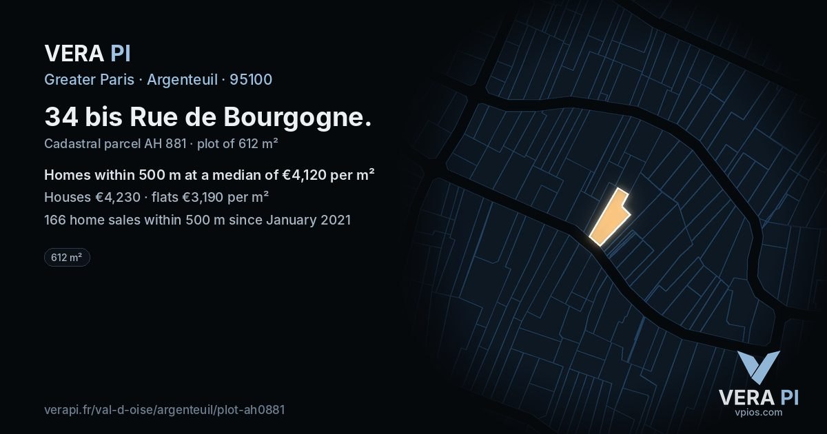 34 bis Rue de Bourgogne, Argenteuil at night – the plot lit, the parcels around coloured by the prices near them