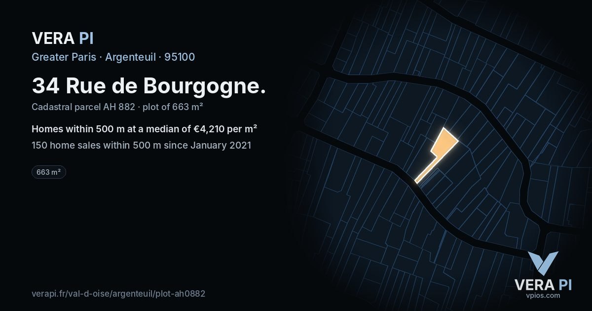 34 Rue de Bourgogne, Argenteuil at night – the plot lit, the parcels around coloured by the prices near them