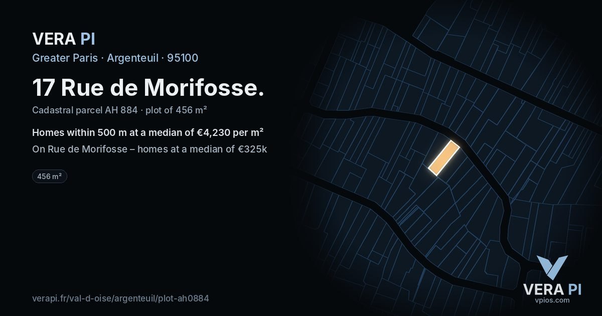 17 Rue de Morifosse, Argenteuil at night – the plot lit, the parcels around coloured by the prices near them