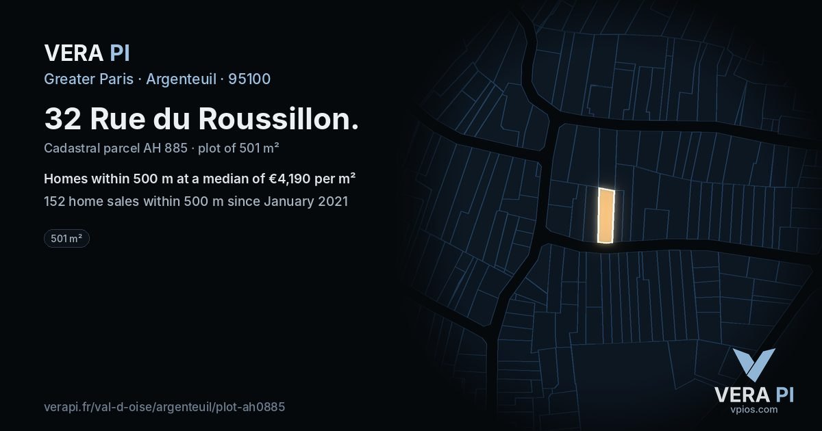 32 Rue du Roussillon, Argenteuil at night – the plot lit, the parcels around coloured by the prices near them