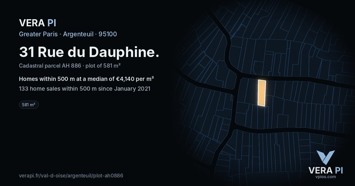 31 Rue du Dauphine, Argenteuil at night – the plot lit, the parcels around coloured by the prices near them