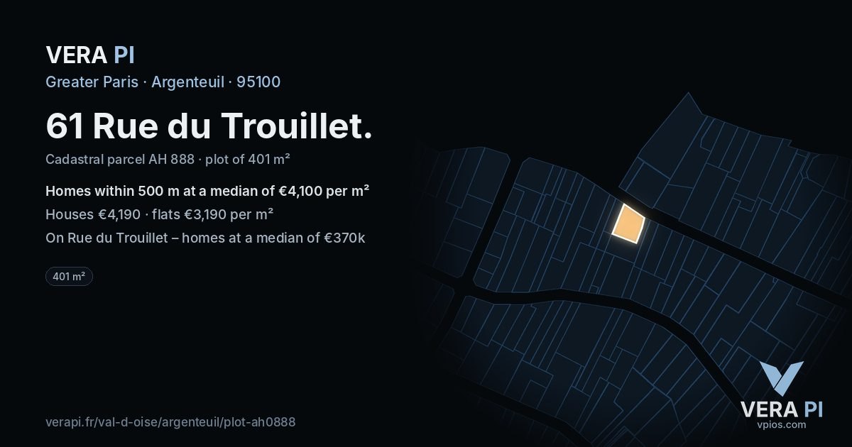 61 Rue du Trouillet, Argenteuil at night – the plot lit, the parcels around coloured by the prices near them