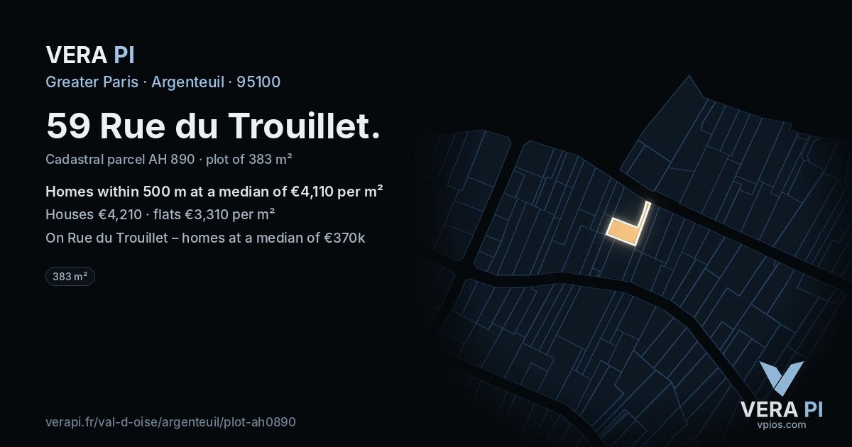 59 Rue du Trouillet, Argenteuil at night – the plot lit, the parcels around coloured by the prices near them