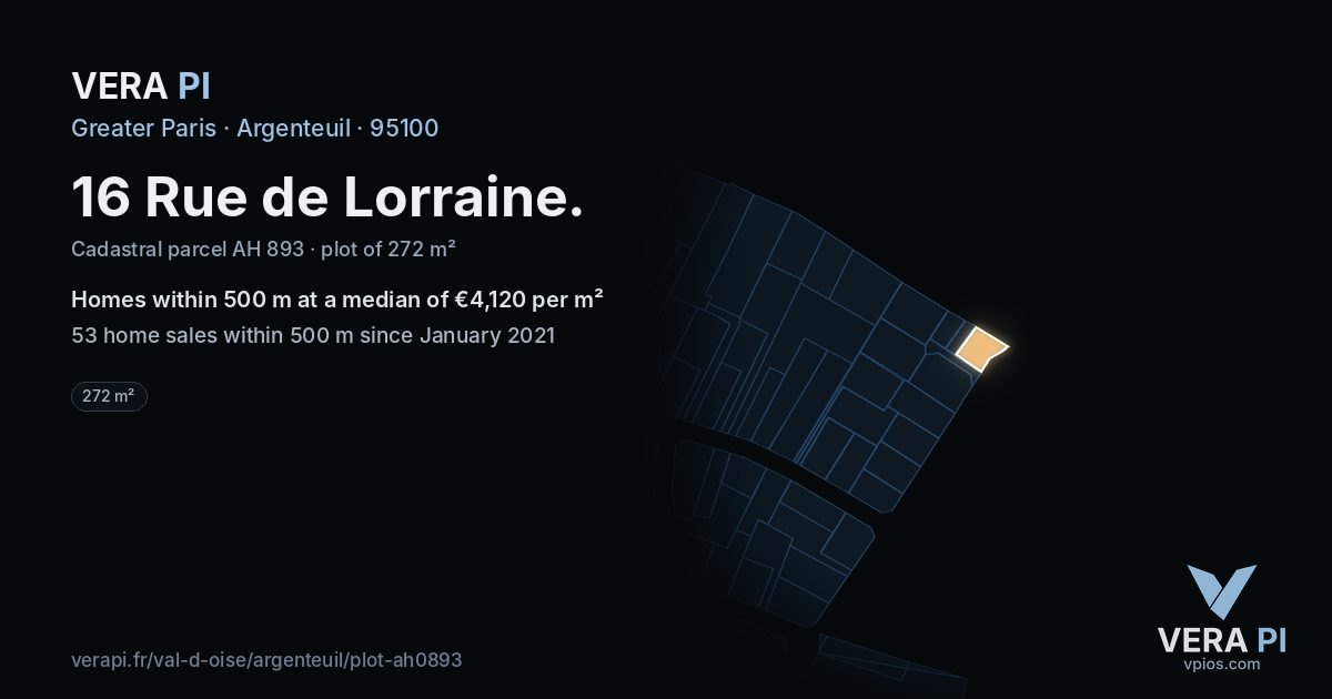 16 Rue de Lorraine, Argenteuil at night – the plot lit, the parcels around coloured by the prices near them