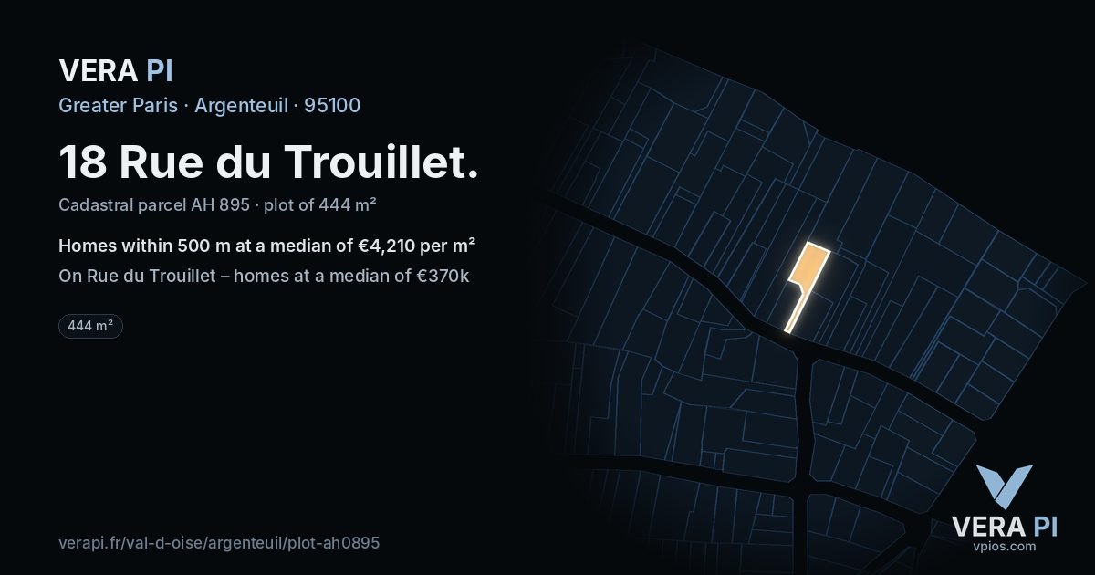 18 Rue du Trouillet, Argenteuil at night – the plot lit, the parcels around coloured by the prices near them