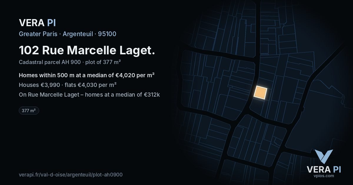 102 Rue Marcelle Laget, Argenteuil at night – the plot lit, the parcels around coloured by the prices near them