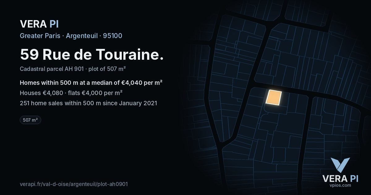 59 Rue de Touraine, Argenteuil at night – the plot lit, the parcels around coloured by the prices near them