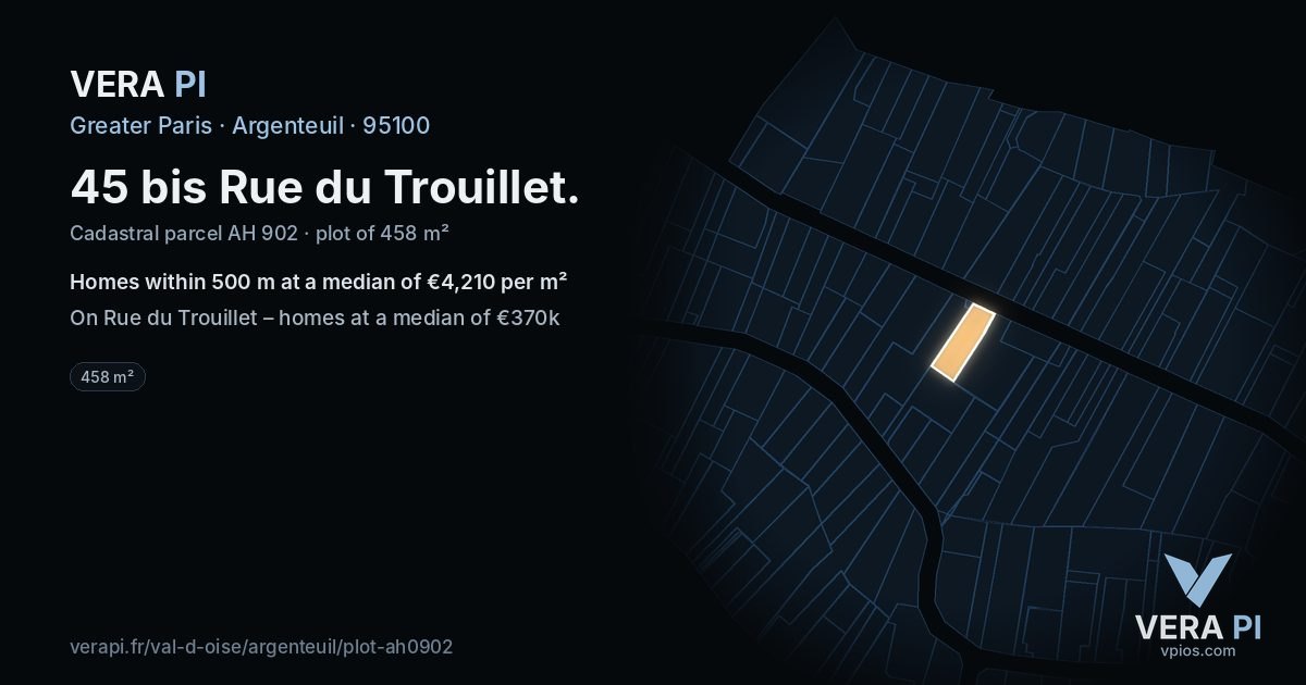 45 bis Rue du Trouillet, Argenteuil at night – the plot lit, the parcels around coloured by the prices near them