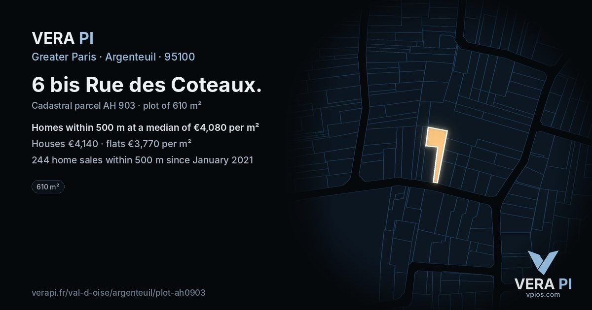 6 bis Rue des Coteaux, Argenteuil at night – the plot lit, the parcels around coloured by the prices near them