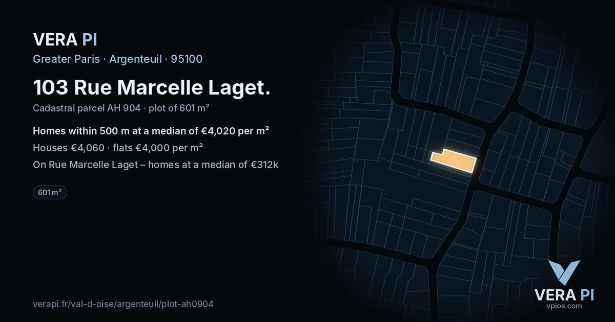 103 Rue Marcelle Laget, Argenteuil at night – the plot lit, the parcels around coloured by the prices near them