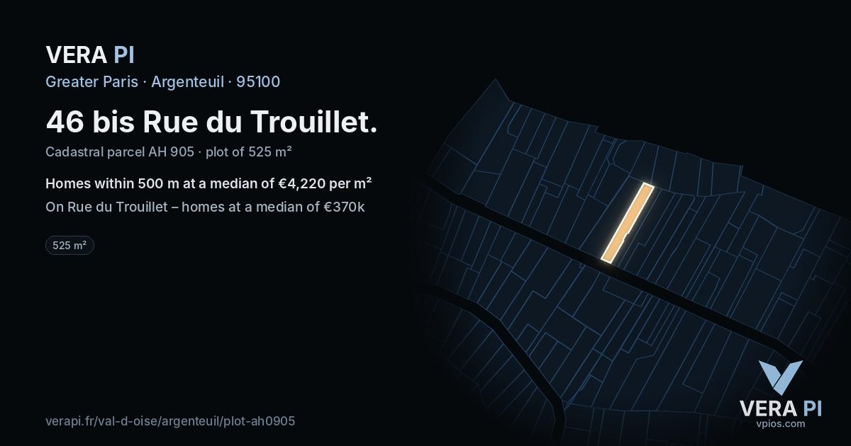 46 bis Rue du Trouillet, Argenteuil at night – the plot lit, the parcels around coloured by the prices near them
