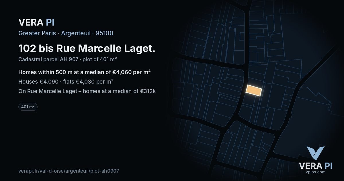 102 bis Rue Marcelle Laget, Argenteuil at night – the plot lit, the parcels around coloured by the prices near them