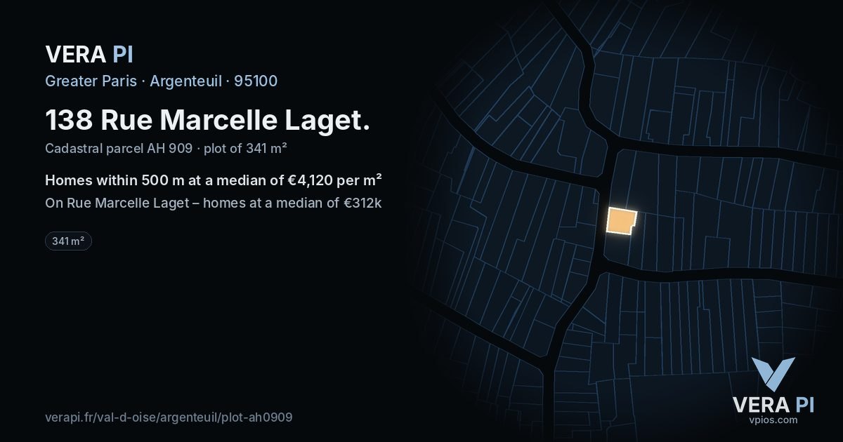 138 Rue Marcelle Laget, Argenteuil at night – the plot lit, the parcels around coloured by the prices near them