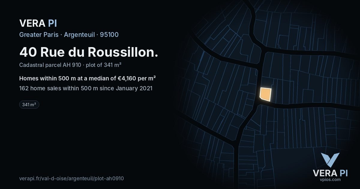 40 Rue du Roussillon, Argenteuil at night – the plot lit, the parcels around coloured by the prices near them
