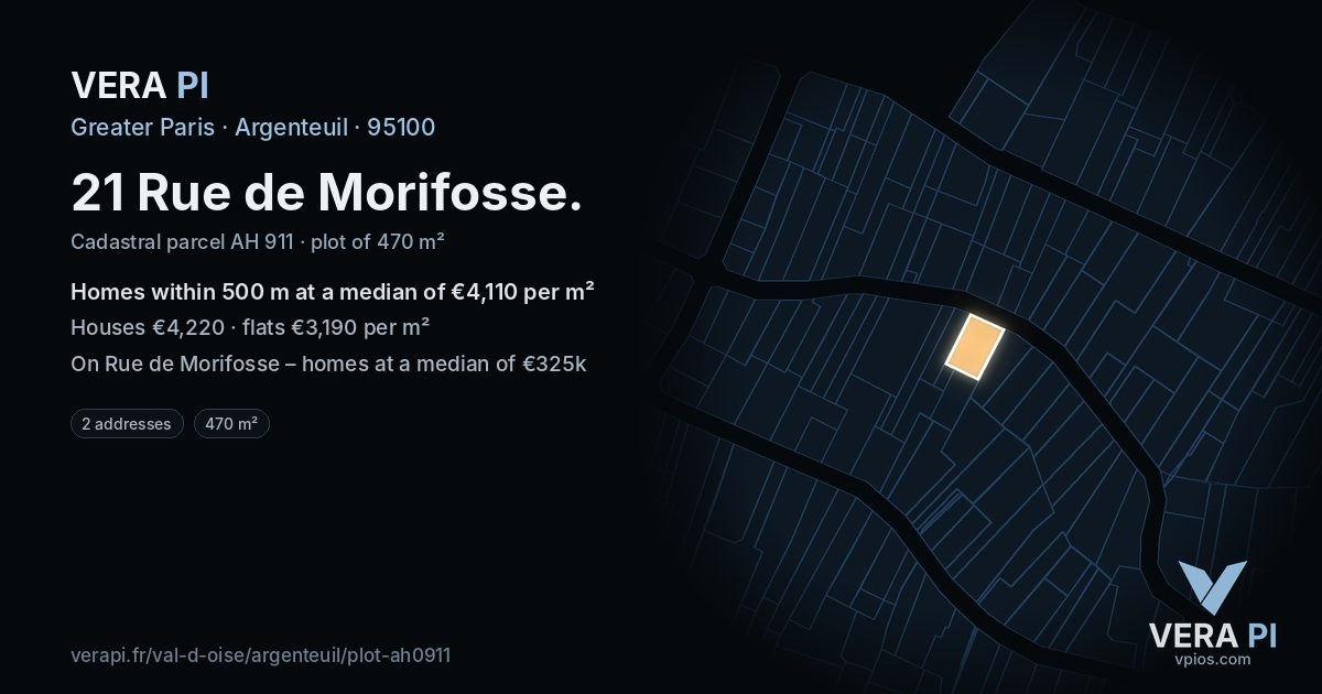 21 Rue de Morifosse, Argenteuil at night – the plot lit, the parcels around coloured by the prices near them