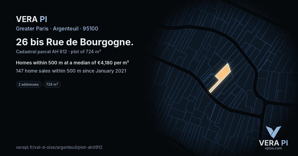 26 bis Rue de Bourgogne, Argenteuil at night – the plot lit, the parcels around coloured by the prices near them